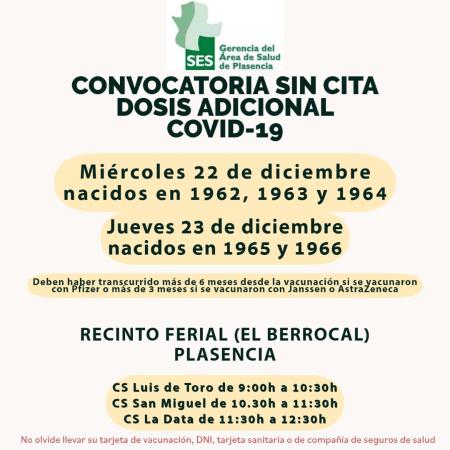 Imagen 22 y 23 de Diciembre - Convocatoria sin cita dosis adicional COVID-19