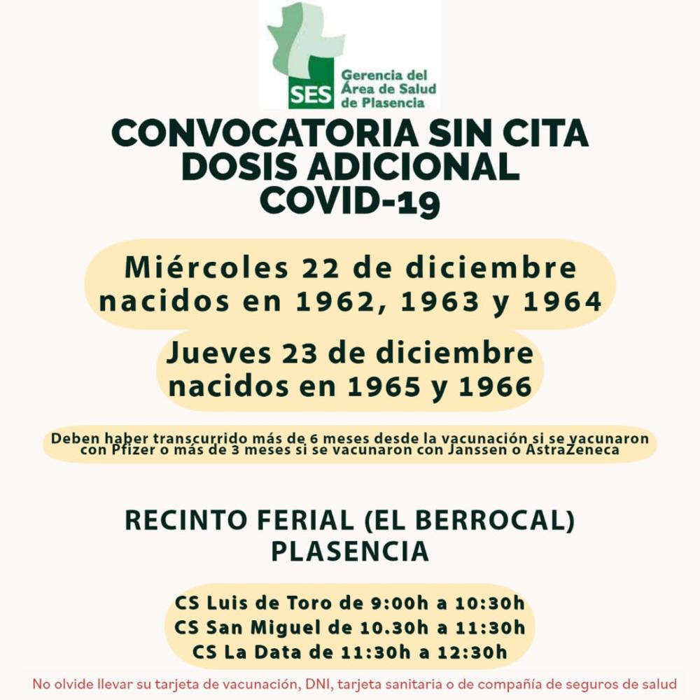 Imagen 22 y 23 de Diciembre - Convocatoria sin cita dosis adicional COVID-19