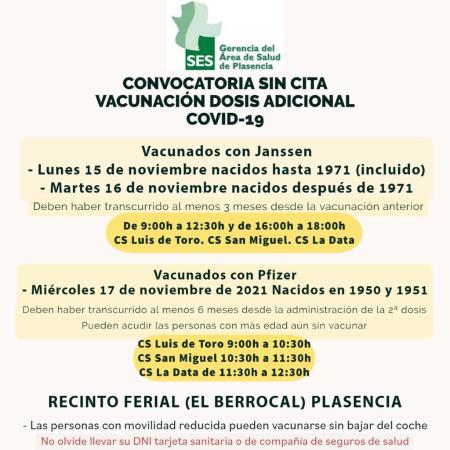 Imagen 15, 16 y 17 de Noviembre - Convocatoria sin cita dosis adicional COVID-19